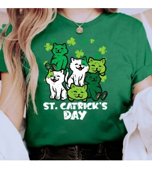 St. Patrick's Day Cat Print T-shirt, Casual Crew Neck Short Sleeve Top For Spring & Summer, Women's Clothing