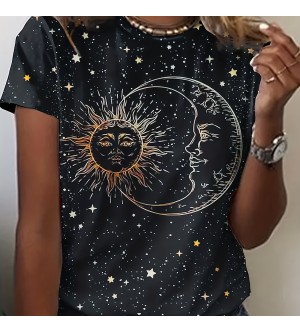 Sun & Moon Print Crew Neck T-Shirt, Casual Short Sleeve T-Shirt For Spring & Summer, Women's Clothing