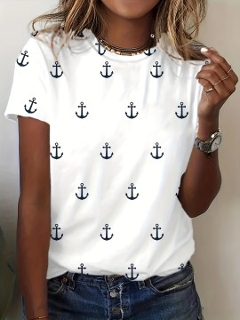 Anchor Print Crew Neck T-Shirt, Casual Short Sleeve Top For Spring & Summer, Women's Clothing