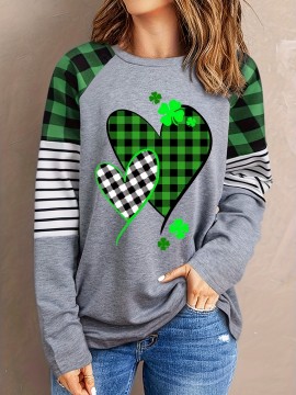 Plaid Cute Heart & Lucky Grass Print, Casual Crew Neck Raglan Sleeve Top For Spring & Fall, Women's Clothing, Valentine's Day