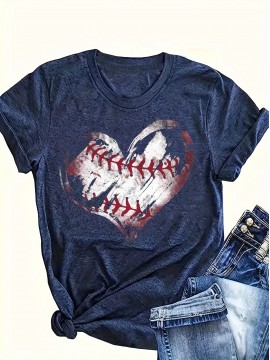 Heart & Baseball Print Crew Neck T-shirt, Casual Short Sleeve Top For Spring & Summer, Women's Clothing