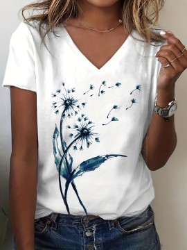 Dandelion Print V Neck T-Shirt, Casual Short Sleeve T-Shirt For Spring & Summer, Women's Clothing