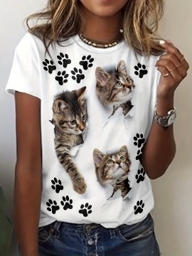 Cute Cat Paw Print T-Shirt for Women - Casual Short Sleeve Tee for Spring & Summer