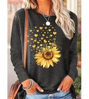 Sunflower Print Long Sleeve T-Shirt for Women - Casual Spring and Fall Fashion