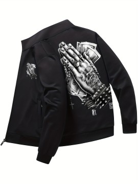 Men's Praying For Money Pattern Windbreaker Jacket - Casual Stand Collar Zip Up