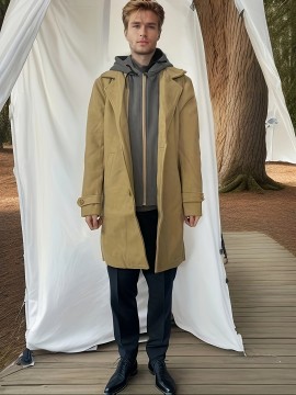 Spring And Autumn Men's Mid-length Color Block Hooded Windbreaker With Buttons And Lapel, Men's Creative Coat